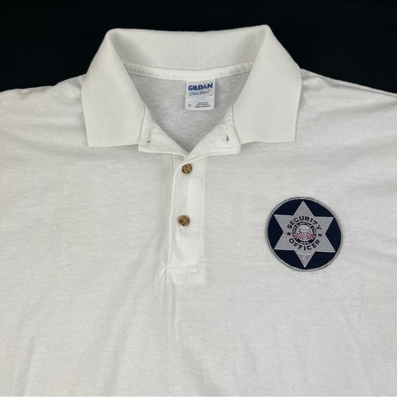Gildan Polo Mens Medium White Security Patches Navy - Picture 2 of 11